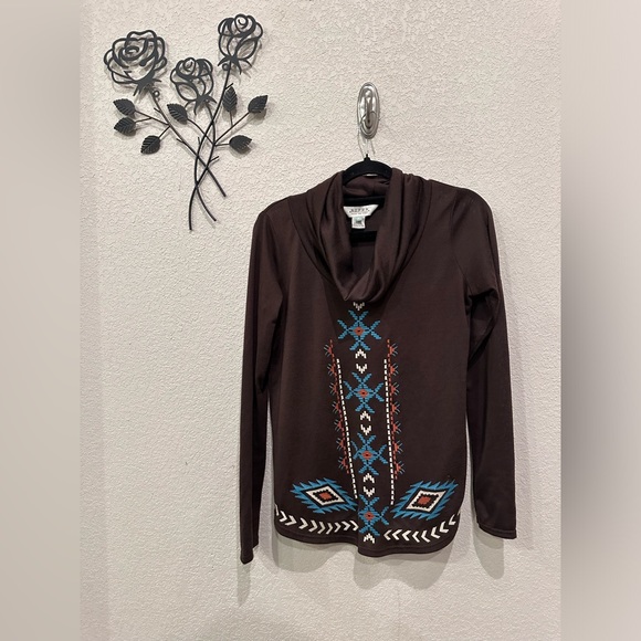 Roper Women's Brown Cowl Neck Aztec Southwest Embroidered Long Sleeve Top Small - Picture 2 of 10